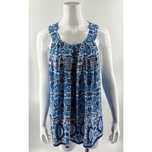 Soiree Tank Top Plus Size 1X Blue White Floral Flowy Sleeveless Womens